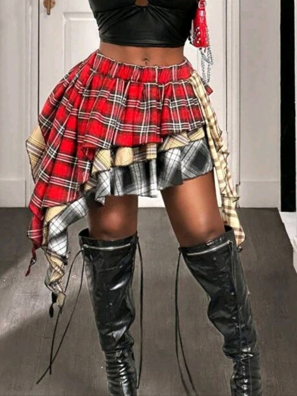 Mixed Plaid Asymmetrical Layered Mini Skirt — Red, Cream & Black - Picture 3 of 8